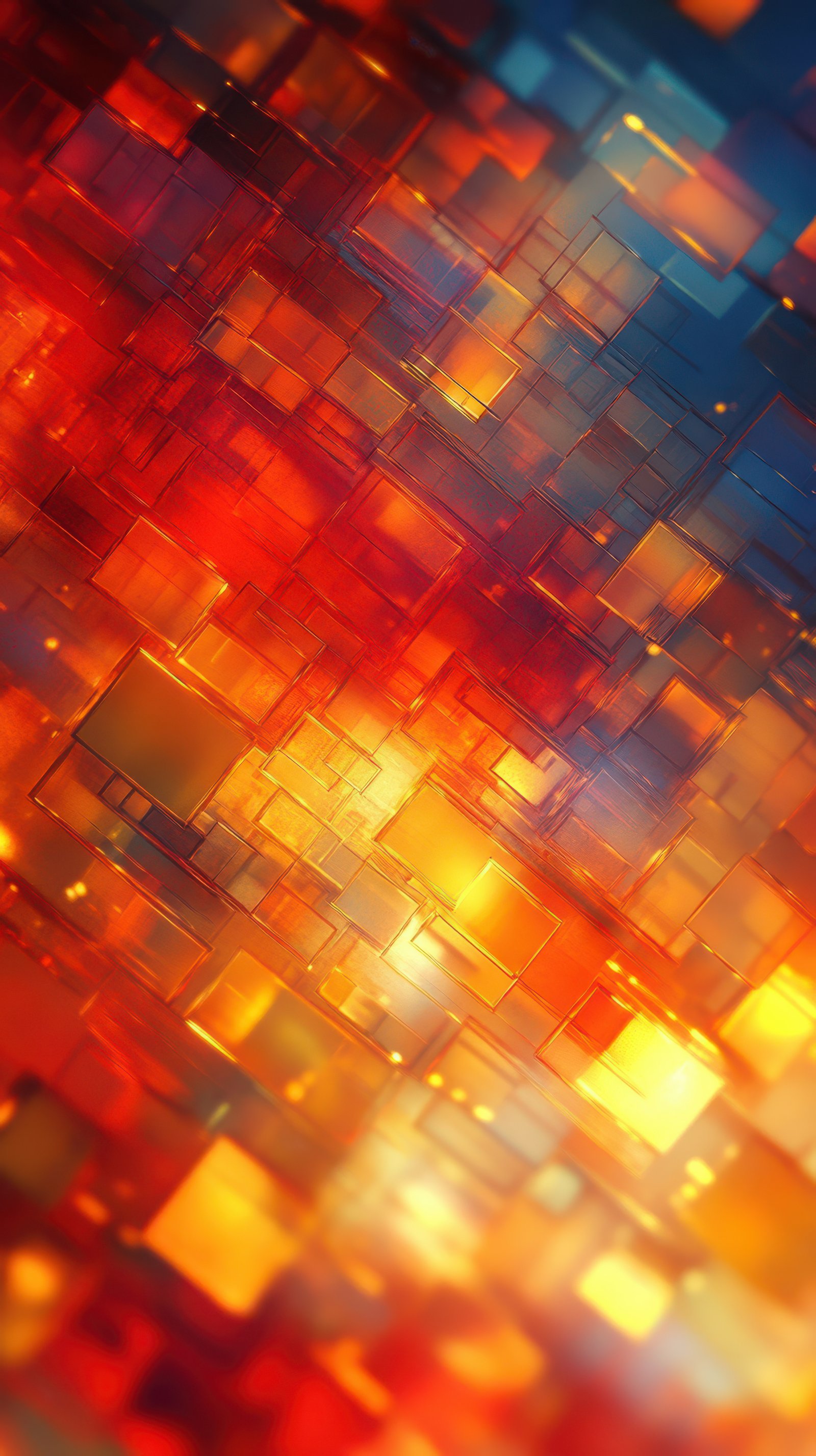 Vibrant abstract composition featuring colorful squares in red and orange shades illuminated by warm light